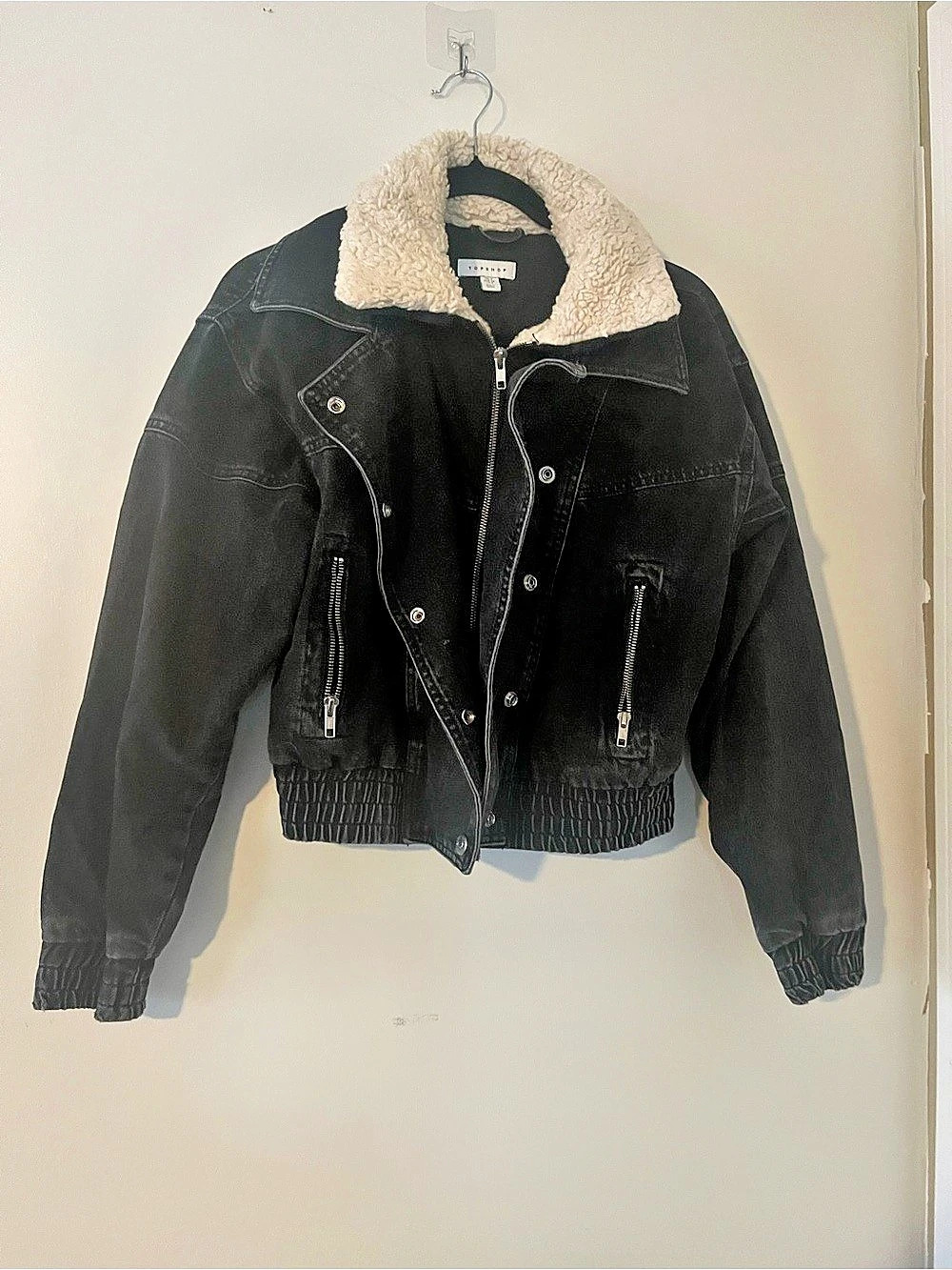 Topshop 100% Cotton Black Denim Sherpa Collar Jacket 2 Gorpcore